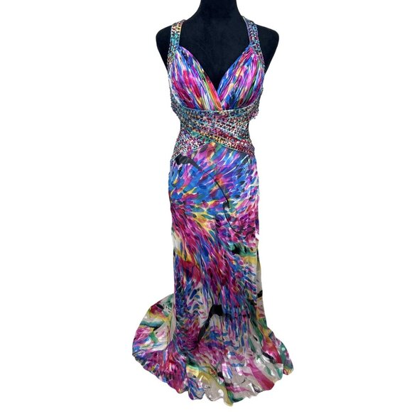 LaFemme Paris Sequin Prom Gown Women's 4 Flowy Silk Beaded Multicolor Open Sides - Picture 1 of 16